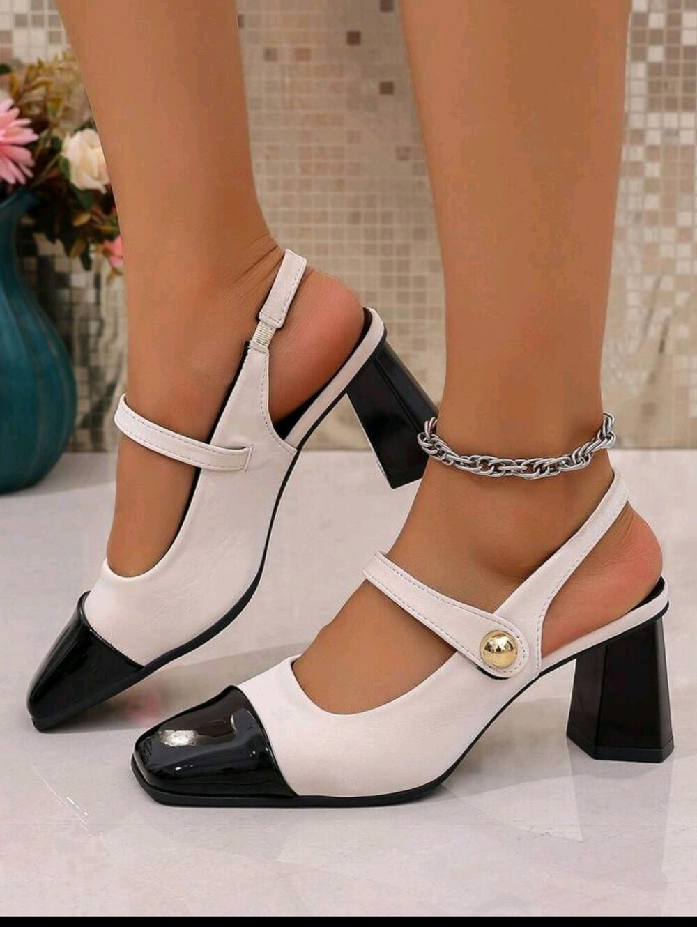 Vintage Square Toe French High Heel Sandals, Fashion Closed Toe High Heels - Picture 5 of 10